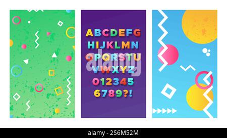 Helles Alphabet. Farbenfrohes memphis-Poster, Flyerdesign im 90-80er-Stil. 3D-Schriftart mit Schatten- und Pop-Art-Vektorbanner. Alphabet Typografie, Schriftart trendige Schrift memphis Illustration. Helles Alphabet. Farbenfrohes memphis-Poster, Flyerdesign im 90-80er-Stil. 3D-Schriftart mit Schatten- und Pop-Art-Vektorbanner Stock Vektor