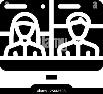 Symbolvektor für Videokonferenz-Diskussion. Videokonferenz Diskussionsschild. Schwarze Abbildung des isolierten Kontursymbols. Videokonferenz Diskussion Glyphe Symbol Vektor Illustration Stock Vektor