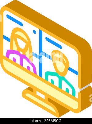 Isometrischer Symbolvektor für Videokonferenzdiskussion. Videokonferenz Diskussionsschild. Isolierte Symboldarstellung. Videokonferenz Diskussion isometrische Symbolvektorillustration Stock Vektor