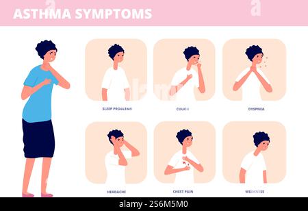 Asthmasymptome. Erstickung der Person, chronische Atemprobleme. Asthmatische Ateminfografie, Allergie- oder Krankheitsauslöser-Vektorkonzept. Illustration Asthma Symptome, medizinische Allergie. Asthmasymptome. Erstickung der Person, chronische Atemprobleme. Asthmatische Ateminfografie, Allergie- oder Krankheitsauslöser-Vektorkonzept Stock Vektor