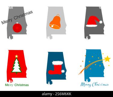 Karte von Alabama mit Weihnachten Symbole Stockfoto