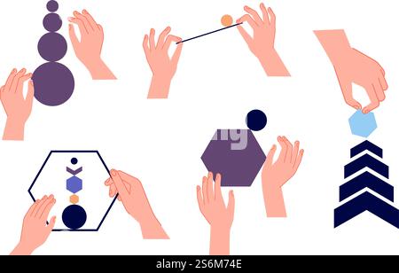 Hände halten das Gleichgewicht. Abstrakte Formen im Arm, analytische Teamwork-Metapher. Handgefertigte geometrische Formen, Kreispyramide und fallende Elemente Vektorset. Abbildung: Schwierigkeit der Stabilität und Aufbau der Kontrolle. Hände halten das Gleichgewicht. Abstrakte Formen im Arm, analytische Teamwork-Metapher. Handgefertigte geometrische Formen, Kreispyramide und fallende Elemente Vektorset Stock Vektor
