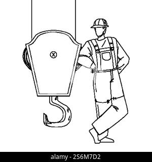 In Der Nähe Kranhaken Bleistift Bleistift Bleistift Bleistift Bleistift Zeichnung Vektor. Mann Baumeister In Uniform Bleiben In Der Nähe Von Kranhaken, Baumaschinenteil. Abbildung Des Ingenieur- Oder Anlagenbedieners. In Der Nähe Des Kranhakens Bleibender Bauarbeiter Vektor Stock Vektor