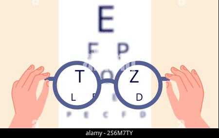 Sehgesundheit. Augenarzt-Test, Brille überprüfen. Optometrie-Testplatine oder verschwommenes Sehvermögen und optische Fokusvektorillustration. Menschliches Sehen, Augenärztliche Untersuchung und Behandlung. Sehgesundheit. Augenarzt-Test, Brille überprüfen. Optometrie-Testplatine oder verschwommenes Sehvermögen und optische Fokusvektorillustration Stock Vektor