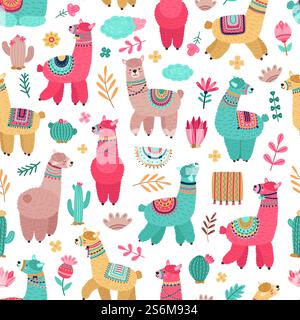 Lama-Muster. Tiere zeichnen, Comic Lamas Kakteen nahtlose Textur. Netter Baby Alpaka-Druck, kreativer dekorativer mädchenhafter Vektor-Hintergrund. Alpaka und Lama nahtlos, weiche lustige Muster Illustration. Lama-Muster. Tiere zeichnen, Comic Lamas Kakteen nahtlose Textur. Netter Baby Alpaka-Druck, kreativer dekorativer mädchenhafter Vektor-Hintergrund Stock Vektor