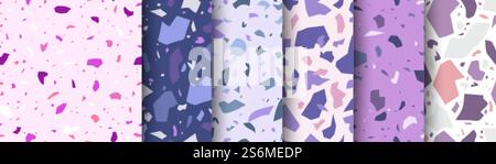 Mediterranes Muster. Nahtlose Texturkollektion aus Terrazzo-Boden in violettem Pink. Vektor-Hintergrundbündel für gebrochene Steinpartikel. Bodenbelag mit Illustrationsmuster farbenfrohes Terrazzo-Keramikgewebe. Mediterranes Muster. Nahtlose Texturkollektion aus Terrazzo-Boden in violettem Pink. Vektor-Hintergrundbündel für gebrochene Steinpartikel Stock Vektor