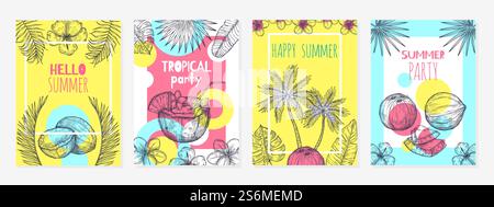 Sommer-Kokosnusskarten. Skizzieren Sie tropische Früchte, modernes Hintergrunddesign für Lebensmittel. Strandbar, frische Cocktails oder exotische Getränke, exakte Vektorbeschriftungen. Illustration Kokosnusskarte, Sommer tropische Sketch Banner. Sommer-Kokosnusskarten. Skizzieren Sie tropische Früchte, modernes Hintergrunddesign für Lebensmittel. Strandbar, frische Cocktails oder exotische Getränke, exakte Vektorbeschriftungen Stock Vektor