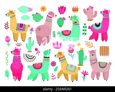 Lama mit Kakteen. Niedliches Alpaka, Baby Lamas Blumen und Kunstblumen. Isolierte Wildtier-Kinder-Aufkleber, Niedlichkeit-Elemente-Vektor-Set. Lama und Alpaka, Tier- und blumenfarbene Illustration. Lama mit Kakteen. Niedliches Alpaka, Baby Lamas Blumen und Kunstblumen. Isolierte Wildtier-Kinder-Aufkleber, Niedlichkeit-Elemente-Vektor-Set Stock Vektor