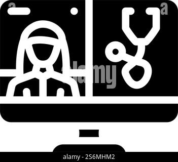 Videokonferenz mit Doctor Glyph Icon Vektor. Videokonferenz mit Arztzeichen. Schwarze Abbildung des isolierten Kontursymbols. Videokonferenz mit Doctor Glyph Icon Vektor Illustration Stock Vektor