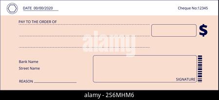 Bankscheck. Leere Geschäftsschecks, Geldspendenscheck. Leeres Scheckbuch-Seitenschema. Einfaches Zahlungs-Layout, gefälschter Zahlungs-Vektor-Hintergrund. Geschäftsscheck Finanzen, Finanzscheck leere Illustration. Bankscheck. Leere Geschäftsschecks, Geldspendenscheck. Leeres Scheckbuch-Seitenschema. Einfaches Zahlungs-Layout, gefälschter Zahlungs-Vektor-Hintergrund Stock Vektor
