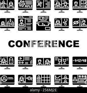 Kommunikationssymbole Für Videokonferenzen Setzen Vektor. Business Video Konferenz Und Beratung Mit Arzt, Präsentation Und Fernunterricht Glyph Piktogramme Schwarze Illustrationen. Kommunikationssymbole Für Videokonferenzen Setzen Vektor Stock Vektor