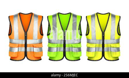 Sicherheitsweste Schutzkleidung Uniform Set Vektor. Gelbes, Grünes Und Orangefarbenes Zubehör Für Sicherheitsweste Für Bauarbeiter Und Fahrer. Schablone für Schutzjacke – realistische 3D-Illustrationen. Sicherheitsweste Schutzkleidung Uniform Set Vektor Stock Vektor