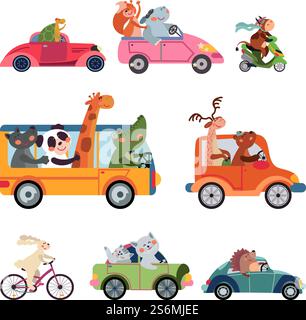 Tiertransport. Lustiges Cartoon-Auto, Fahrer reisen. Lustiger Bär Giraffe Fuchs fährt Bus, Taxiwagen. Kinderzoo Racing Vektorset. Auto- und Fahrertiere, Illustration der Kinderfahrmaschine. Tiertransport. Lustiges Cartoon-Auto, niedliche Fahrer unterwegs. Lustiger Bär Giraffe Fuchs fährt Bus, Taxiwagen. Kinderzoo Racing Vektorset Stock Vektor