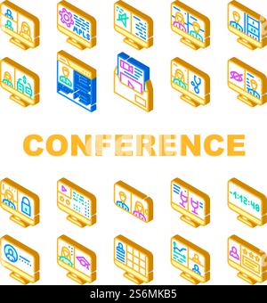 Kommunikationssymbole Für Videokonferenzen Setzen Vektor. Business Video Konferenz Und Beratung Mit Arzt, Präsentation Und Isometrische Schilderfarbe Für Fernschulungen. Kommunikationssymbole Für Videokonferenzen Setzen Vektor Stock Vektor