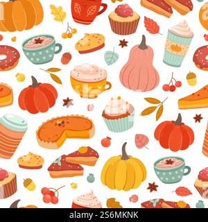 Kürbismuster im Herbst. Kürbisgewürze, Zimt, Heißgetränk und Gebäck. Thanksgiving Essen, Kuchen Kaffee Vektor nahtlose Textur. Herbstkürbis, Latte Drink und Getränke Illustration. Kürbismuster im Herbst. Kürbisgewürze, Zimt, Heißgetränk und Gebäck. Thanksgiving Essen, Kuchen Kaffee Vektor nahtlose Textur Stock Vektor