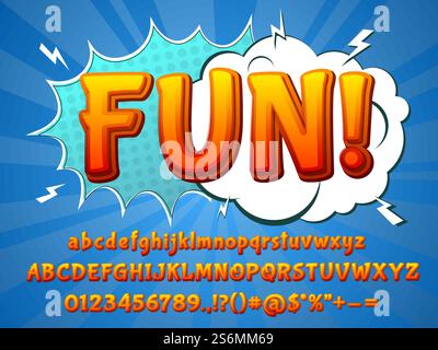 Lustige Comic-Schriftart. Lustige Schriftart, 3D bunte Buchstaben und Comic-Explosion. Kinder Typografie Alphabet neue Zahlen Vektorsammlung. Abbildung abc Schriftart, Überschrift und Graffiti-Typografie. Lustige Comic-Schriftart. Lustige Schriftart, 3D bunte Buchstaben und Comic-Explosion. Kinder Typografie Alphabet neue Zahlen Vektorsammlung Stock Vektor