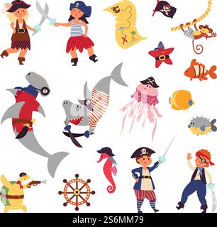Piratenleben. Meerestiere, Meerespflanzen Zeichentrickhaie Fische. Kinderkostüme, Unterwasserwelt Meeresabenteuer anständige Vektorfiguren. Illustration Piratenkinder, Meerestiere. Piratenleben. Meerestiere, Meerespflanzen Zeichentrickhaie Fische. Kinderkostüme, Unterwasserwelt Meeresabenteuer anständige Vektorfiguren Stock Vektor