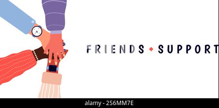 Familienunterstützung für Freunde. Handstapel, Arm zusammenlegen, Draufsicht. Unity Teamwork, multikulturelles Community-Vektor-Banner. Illustrationsunterstützung zusammen, Freundschaft Vertrauen Verbindung. Familienunterstützung für Freunde. Handstapel, Arm zusammenlegen, Draufsicht. Unity Teamwork, multikulturelles Community-Vektor-Banner Stock Vektor