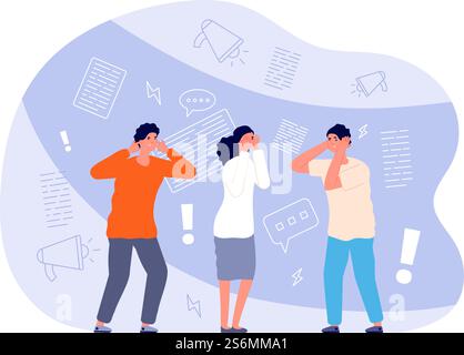 Informationsrauschen. Hört auf Fake News, macht Desinformation oder Werbung. Menschen decken Augen Ohr oder Gesicht, besorgte Mann Frau Äußerungen Vektor-Konzept. Illustration falsche Nachrichten verbreiten, Lärminformationen. Informationsrauschen. Hört auf Fake News, macht Desinformation oder Werbung. Menschen decken Augen Ohr oder Gesicht, besorgte Mann Frau Äußerungen Vektor-Konzept Stock Vektor