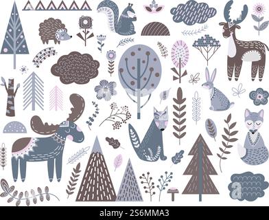 Skandinavischer Wald. Modische nordische Grafik, niedliche Blumenelemente mit Tieren. Baby schwedisch moderner Baum hinterlässt Ast Hirsch Wolf anständige Vektorsatz. Skandinavischer Wald mit Kaninchen und Fuchs. Skandinavischer Wald. Modische nordische Grafik, niedliche Blumenelemente mit Tieren. Baby schwedisch moderner Baum hinterlässt Ast Hirsch Wolf anständige Vektorsatz Stock Vektor