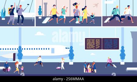 Flughafenpassagiere. Reisende im Terminal, Touristen mit Gepäck. Familienurlaub, Mann Frau Kinder und Großeltern Vektorfiguren mit Taschen. Familienreisender mit Gepäckabbildung. Flughafenpassagiere. Reisende im Terminal, Touristen mit Gepäck, die in die Flugzeuge gehen. Familienurlaubszenen, Mann Frau Kinder und Großeltern Vektorfiguren mit Taschen Stock Vektor