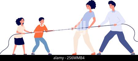Familienspiel. Kinder Eltern ziehen Seil, ziehen Krieg spielen Erwachsene Kinder. Beziehungsgleichgewicht oder Generationenwettbewerb – das Äußere Vektorkonzept. Familien- und Kinderkonfrontation und Kampfillustration. Familienspiel. Kinder Eltern ziehen Seil, ziehen Krieg spielen Erwachsene Kinder. Beziehungsgleichgewicht oder Generationenwettbewerb – das Äußere Vektorkonzept Stock Vektor
