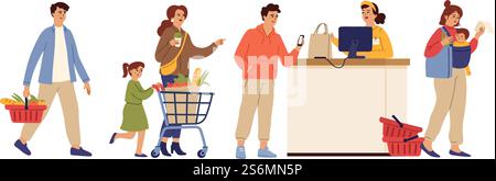 Warteschlange speichern. Zeichentrickwarteschlange, Lebensmittelmarkt oder Supermarkt. Kundengruppe, Leute drängen sich im Supermarkt, um zu bezahlen. Vektorzeichen für Käufer und Kassierer. Illustration des Supermarktes in der Warteschlange. Warteschlange speichern. Zeichentrickwarteschlange, Lebensmittelmarkt oder Supermarkt. Kundengruppe, Leute drängen sich im Supermarkt, um zu bezahlen. Vektorzeichen für Käufer und Kassierer Stock Vektor
