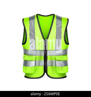 Sicherheitsweste Straßenarbeiter Schutz Kleidung Vektor. Grüne Sicherheitsweste Autobahnrenovierung Oder Builder Protect Life Zubehör. Schablone für Schutzjacke für Ingenieure realistische 3D-Illustration. Sicherheitsweste Straßenarbeiter Schutz Kleidung Vektor Stock Vektor