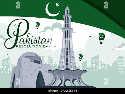 Happy Pakistan Resolution Day Vektor-Illustration am 23. März, mit einer schwenkenden Flagge und ikonischen Wahrzeichen in einem National Holiday Flat Hintergrund Stock Vektor