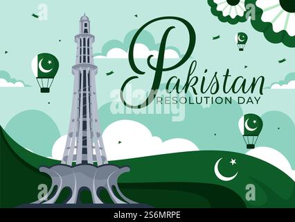 Happy Pakistan Resolution Day Vektor-Illustration am 23. März, mit einer schwenkenden Flagge und ikonischen Wahrzeichen in einem National Holiday Flat Hintergrund Stock Vektor