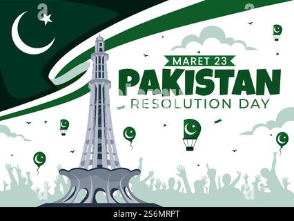 Happy Pakistan Resolution Day Vektor-Illustration am 23. März, mit einer schwenkenden Flagge und ikonischen Wahrzeichen in einem National Holiday Flat Hintergrund Stock Vektor
