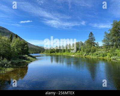 Schöner Gebirgsfluss im Norden Schwedens im Sommer Stockfoto