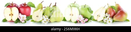 Apfel und Birnen Set Äpfel Birnen Früchte abgeschnitten abgeschnitten abgeschnitten isoliert vor weißem Hintergrund Stockfoto