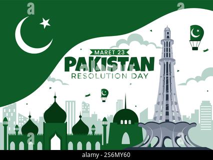 Happy Pakistan Resolution Day Vektor-Illustration am 23. März, mit einer schwenkenden Flagge und ikonischen Wahrzeichen in einem National Holiday Flat Hintergrund Stock Vektor
