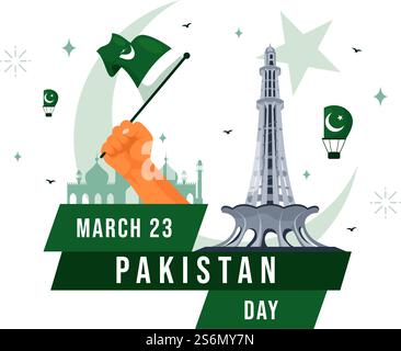 Happy Pakistan Resolution Day Vektor-Illustration am 23. März, mit einer schwenkenden Flagge und ikonischen Wahrzeichen in einem National Holiday Flat Hintergrund Stock Vektor