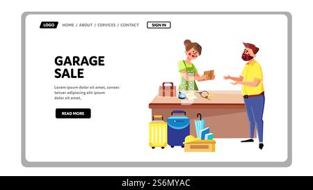 Verkaufsereignis In Garage Vektor Frau Verkäufer Garage Verkauf Geschäftsberuf, Mann Wählt Und Kauft Brieftasche Zubehör. Charaktere Hinterhof Market Web Flat Cartoon Illustration. Verkaufsereignis In Garage Vektor Stock Vektor
