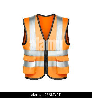 Sicherheitsweste Builder Schutz Kleidung Vektor. Orange Sicherheitsweste Mit Fluoreszierendem Streifen Für Industrielle Bauarbeiter. Vorlage für Schutzhülle für Techniker realistische 3D-Abbildung. Sicherheitsweste Builder Schutz Kleidung Vektor Stock Vektor
