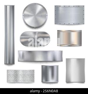 Metallisierte Banner. Stahl strukturiert für Ränder Rahmen metallische Plaque Vektor realistische Vorlagen. Tafelplatte, Edelstahlblech, Abbildung Stahlplatte. Metallisierte Banner. Stahl strukturiert für Ränder Rahmen metallische Plaque Vektor realistische Vorlagen Stock Vektor