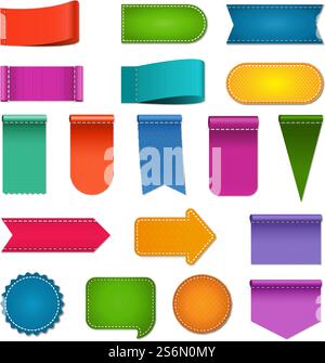 Textilbanner. Nähte Stoffrahmen mit Nähen dünne Linien Mode Tags verschiedene geometrische Formen bunte Vektor Stoff Abzeichen. Stoffbekleidung kennzeichnen, Texturetikett Baumwollillustration. Textilbanner. Nähte Stoffrahmen mit Nähen dünne Linien Mode Tags verschiedene geometrische Formen bunte Vektor Stoff Abzeichen Stock Vektor