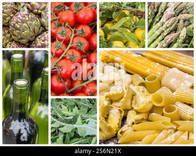 Collage mit Pasta, Wein und Gemüse Stockfoto