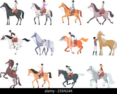 Reiter. Pferdesport Menschen sitzen zu Fuß auf starken Hauspferden und Pony Personen züchten Renntiere Vektor. Pferderennen, Pferderennen und Jockey, Sport-Reitkunst-Illustration. Reiter. Pferdesport Menschen sitzen zu Fuß auf starken Hauspferden und Pony Personen züchten Renntiere Vektor Stock Vektor