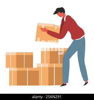 Lagerhaus mit Papppaketen, versiegelten Kartons, die in Stapeln gelagert werden. Entbindungsmann, Freiwilliger oder Philanthrop mit humanitärer Hilfe. Versand und Transport von Aufträgen gut, Vektor in flacher Form. Mann mit Pappkartons, humanitärer Hilfe oder Lagerhaus Stock Vektor