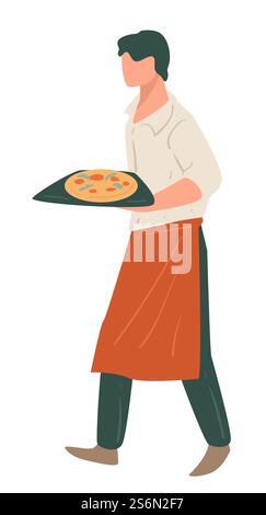 Arbeiter in der Pizzeria oder im Restaurant, Kellner mit Tablett mit Pizza. Server, der Bestellungen von Kunden im Café erfüllt. Italienische Rezepte, Essen im Freien und Ernährung. Gebackenes Essen mit Gemüsevektor. Der Kellner der Pizzeria oder des Restaurants trägt ein Tablett mit Pizza Stock Vektor