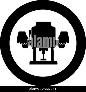 Router mit fester Basis Elektrisches Holz Tauchfräser Elektrowerkzeug in der Hand halten Elektrowerkzeug Verwenden Sie Arm mit Instrumentensymbol im Kreis rund schwarz Farbe Vektor Illustration solide Umrissstil einfaches Bild. Router mit fester Basis Elektrisches Holz Tauchfräser Elektrowerkzeug in der Hand halten Elektrowerkzeug Verwenden Sie Arm mit Instrumentensymbol im Kreis rund schwarz Farbe Vektor Illustration solide Umrissstil Bild Stock Vektor