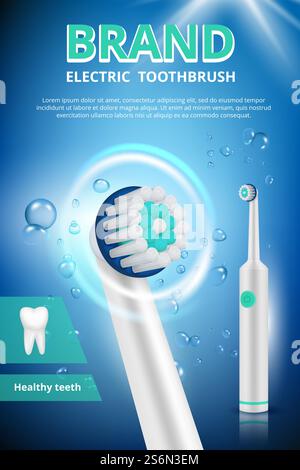 Elektrische Zahnbürste. Werbung für Zahnplakate Werbebild der elektrischen Zahnbürste saubere Hygiene medizinisches Konzeptvektorbild. Illustration Zahnbürste Dental, Hygiene elektrische Bürste. Elektrische Zahnbürste. Werbung für Zahnplakate Werbebild der elektrischen Zahnbürste saubere Hygiene medizinisches Konzeptvektorbild Stock Vektor