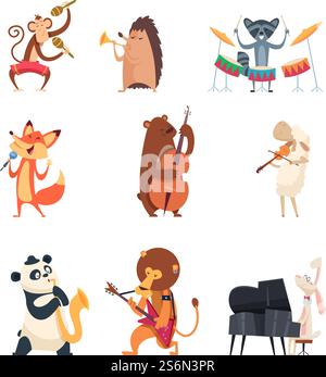 Tiere mit Musikinstrumenten. Zoo Musiker Unterhaltung nette Gesang Musik Band Vektor Zeichentrickfiguren. Panda und Igel mit Instrument, Löwe spielende Illustration. Tiere mit Musikinstrumenten. Zoo Musiker Unterhaltung nette Gesang Musik Band Vektor Zeichentrickfiguren Stock Vektor