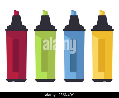Marker zum Hervorheben von Text, isolierte Buntstifte oder Stift zum Markieren wichtiger Informationen. Büro- oder Schulpapier, Zubehör für Arbeit oder Universität. Textmarker zum Unterstreichen von Vektoren in flach. Bunte Textmarker Bleistifte, Büro oder Schule Schreibwaren Vektor Stock Vektor