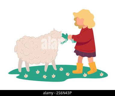 Ziegenfütterung Schafe, blonde weibliche Figur mit Tier auf Wiese mit Glas und Blumen. Landwirtschaft und Säugetierpflege. Ländliche oder ländliche Aktivitäten im Sommer, Vektor in der Wohnung. Kleines Kind, das Schafe mit Gras auf der Wiese füttert Stock Vektor