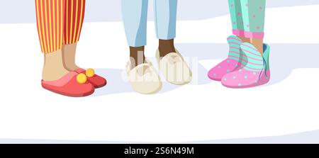 Beine in Hausschuhen. Pyjama Party Konzept Kinder in Nachtkleidung Textil weiche Sandalen Vektorbilder Set. Bequeme Mädchenbekleidung, Schuhe und Hausschuhe für Pyjama-Party-Illustration. Beine in Hausschuhen. Pyjama Party Konzept Kinder in Nachtkleidung Textil weiche Sandalen Vektorbilder Set Stock Vektor