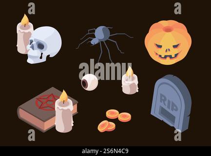 Halloween-Kollektion. Horror Gruselsymbole Schädelknochen Friedhof Grabmal Geister Vektor isometrische Set-Artikel für Herbstfeiern. Halloween gruseliger Grabstein, bunte Elemente Illustration. Halloween-Kollektion. Horror Gruselsymbole Schädelknochen Friedhof Grabmal Geister Vektor isometrische Set-Artikel für Herbstfeiern Stock Vektor